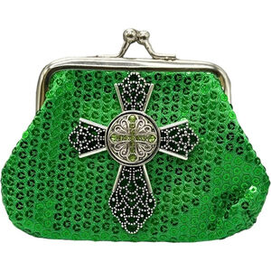 Emerald Green Sequin Coin Purse Silver Cross & Green 18mm Cross Ginger Snap! NEW